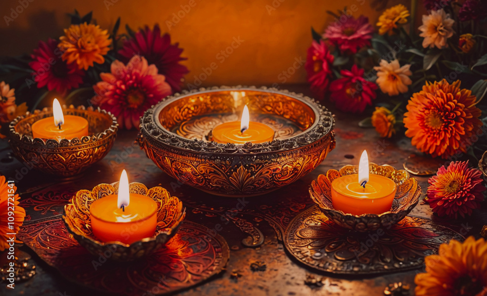 Aufkleber Table is set with a bowl of candles and flowers. The candles are lit and are in a bowl, creating a warm and inviting atmosphere. The flowers are scattered around the table, adding a touch of color
