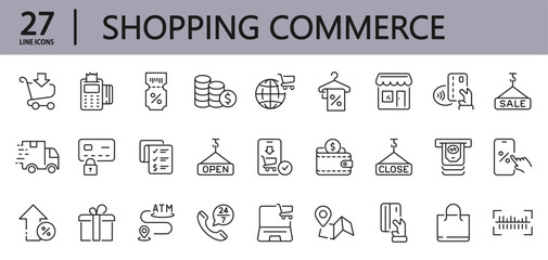 Shopping Commerce line icons set with Shop, Commerce, Basket, Discount, Sale, Coupon, Delivery, Cash, Money, Payment and more. Editable Stroke