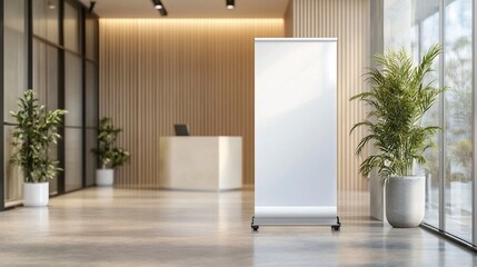 Mockup of Roll-up Standee Banner in Office Hall.