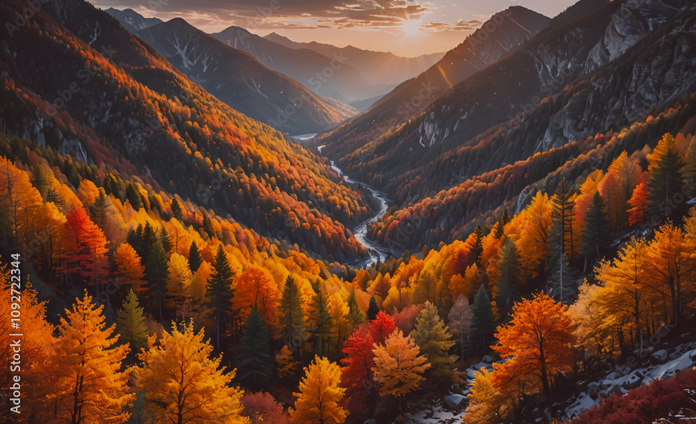 Poster Mountain range with a river running through it. The trees are orange and yellow. The sun is setting in the background