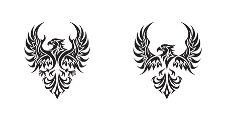 A set of a silhouette eagle tribal tattoo On white background. A eagle bird with its wings spread.
