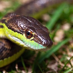 Obraz premium Macro of a snake's slitted eye, focusing on its piercing gaze.