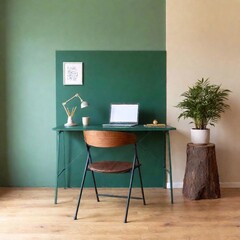 studio shot from hip level featuring a stylish emerald green desk with a laptop, stationery, and decorative elements, set against a neutral backdrop.