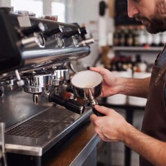 A medium close-up, side view of a Caucasian male barista creating latte art at a local coffee shop, with the design in focus, dutch angle shot.