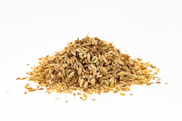 Pile of dried organic fennel seeds - Foeniculum vulgare.
