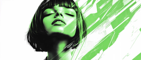 Fototapeta premium A girl with a bob haircut in double exposure style, featuring geometric shapes and bold colors on a white background, capturing serene beauty