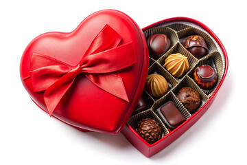 Heart shaped box with open lid and chocolate inside ribbon, isolated on white background