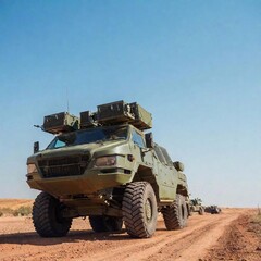 Fototapeta premium A low-angle shot of a futuristic military transport vehicle in action, showcasing advanced technology and design, with soldiers preparing for deployment.