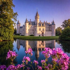 Obraz premium A grand magic castle surrounded by a shimmering moat, with colorful flowers in the foreground slightly blurred by the rack focus. The eye-level shot captures the castle's gleaming towers under a purpl