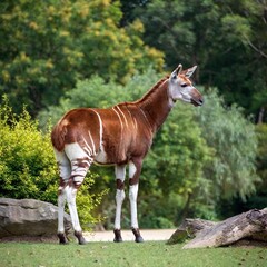 Fototapeta premium Okapi - relative of giraffe with zebra-like stripes on legs and long neck