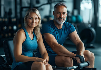 A middle-aged man and woman sitting on a rowing machine in a gym, a high-quality photo, wearing sportswear, in the style of sports photography, a professional photoshoot for Instagram