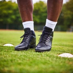 Fototapeta premium close-up,an,older,player,cleats,digging,into,grass,as,they,prepare,for,play,