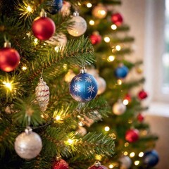 Christmas tree, focusing on handcrafted wooden ornaments, such as painted stars and miniature balls