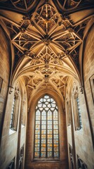 Obraz premium Stunning gothic architecture with intricate ceiling and stained glass window.