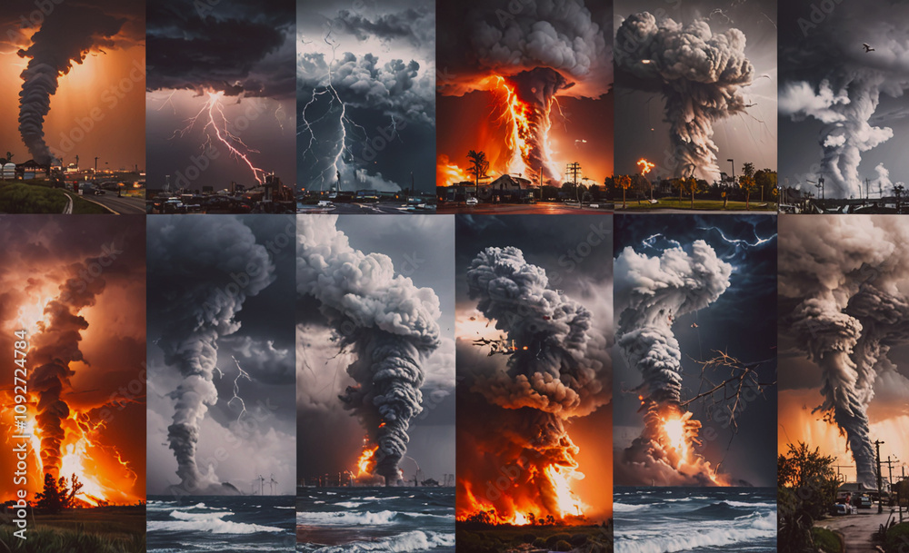 Poster series of images of fire and smoke, including one of a fire in the ocean. the images are in a grid f