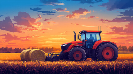 Obraz premium Farmer on tractor collecting grass into bales after mowing, blue sky with clouds at sunset, ai generative