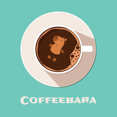 Cute Capybara swims in a cup of coffee. Funny animal Coffeebara