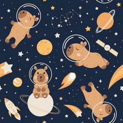 Seamless pattern with cute capybaras in space in cartoon minimalistic style. Capybara in a space suit.