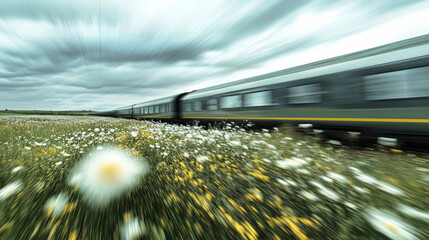 Motion of a high-speed train gliding through a landscape adorned with white and gray flowers, capturing the essence of speed and beauty