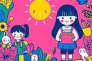 Bright and cheerful illustration of children in colorful garden