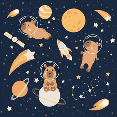 Flat vector illustration in childish style on dark background. Cute capybara in space. Night and stars