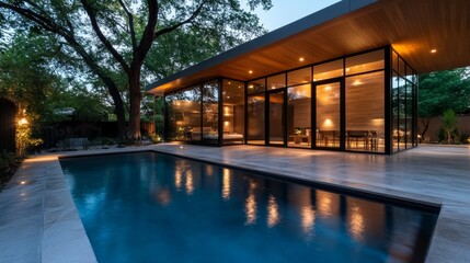 Fototapeta premium Modern architectural design featuring a sleek poolside view of a contemporary home with large glass walls and lush greenery under twilight sky