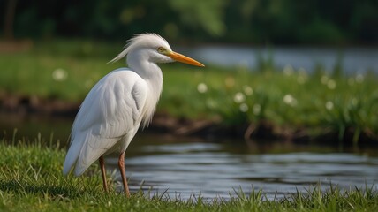 Fototapeta premium White cattle egret wild bird, also known as Bubulcus ibis walking on green lawn in summer
