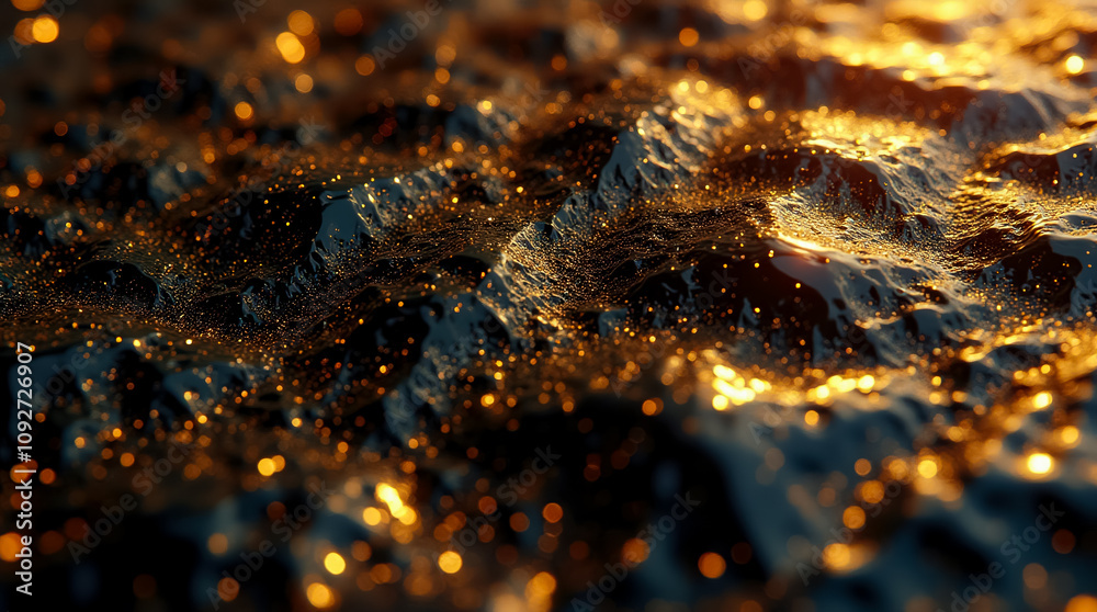 Poster a captivating view of a textured surface with tiny golden facets revealing intricate patterns and re