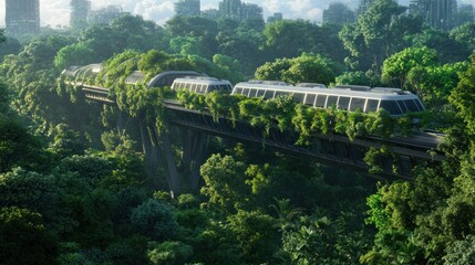 Fototapeta premium Model of a green futuristic city bordered by abundant trees, emphasizing environmental sustainability