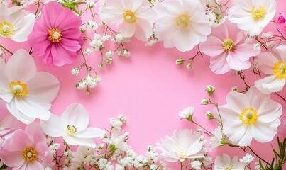 Pink and white flowers arranged in a frame on a pink background, leaving a blank space in the center.