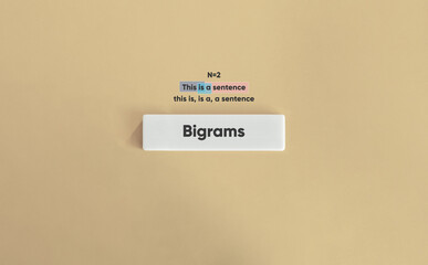 Bigrams in NLP (Natural Language Processing). Definition and Text on Block Letter Tile.