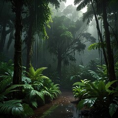 Naklejka premium Lush green rainforest with dense foliage and misty atmosphere – vibrant tropical jungle filled with tall trees, ferns, and a serene pathway covered in mist
