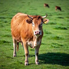 Fototapeta premium A full shot photo of a cow with its calf in a pasture, deep focus showing both the cow and calf from a high angle, highlighting the bond between them and the surrounding grassy field