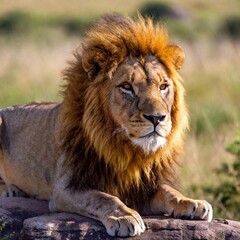Fototapeta premium A macro photo of a lion resting on a rocky outcrop, deep focus on its relaxed posture and the texture of its mane, high-angle shot capturing the full body of the lion and the expansive landscape stret