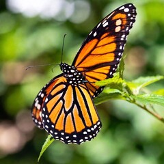 Naklejka premium A close-up photo of a monarch butterfly with its wings fully open, deep focus highlighting the contrast between its orange and black markings, eye-level shot offering a sharp portrait that showcases i