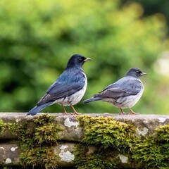 Birds perched on a stone wall in a countryside garden