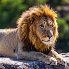 Fototapeta premium A macro photo of a lion resting on a rocky outcrop, deep focus on its relaxed posture and the texture of its mane, high-angle shot capturing the full body of the lion and the expansive landscape stret