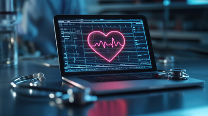 Medical laboratory scene with stethoscope, heart report, and doctor conducting health analysis