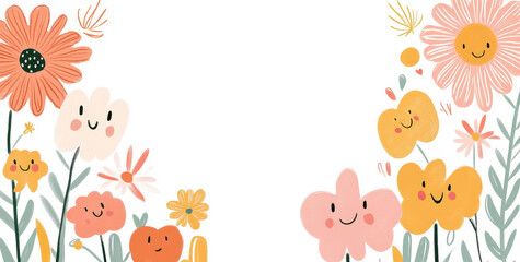 Obraz premium A delightful border of retro flowers with cute faces and pastels
