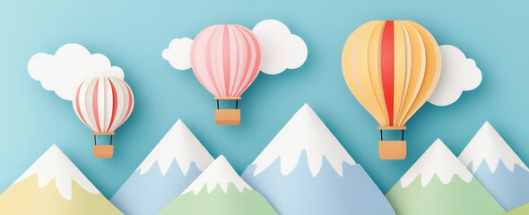 Colorful paper art of hot air balloons over mountains