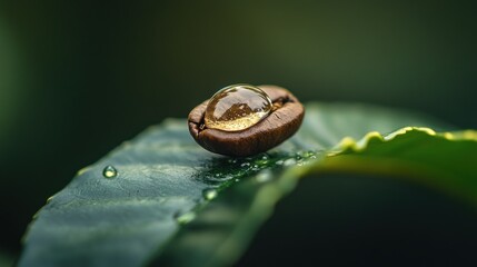A coffee bean, with a single drop of dew shimmering on its surface, representing the freshness and purity of the ingredient.