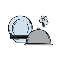 Simple vector illustration of plates and cloche. Hand drawn image of kitchen utensils, cafe, restaurant, cooking. Set of elements and icons for design and decoration