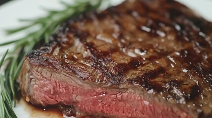 Juicy Grilled Steak Served with Fresh Rosemary Garnish on a White Plate, Showcasing Tender Meat with Perfect Grilling Marks and Rich Color