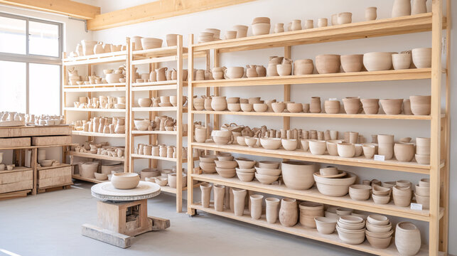 A serene workshop featuring a potter shaping clay on a spinning wheel, with shelves of unique handmade pottery in various earthy glazes. The soft lighting highlights the artist&acirc;&euro;&trade;s dedication to their