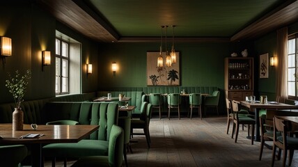 Here's a possible  and keyword list for your stock photo... Elegant green dining room with wooden floors and plush seating.