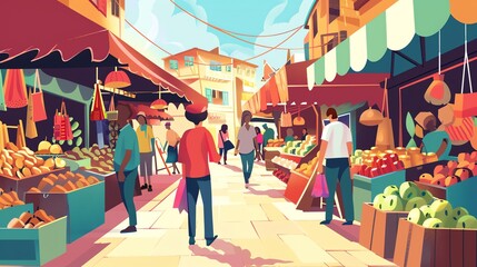 Obraz premium A cartoon style illustration of an outdoor market in a city.