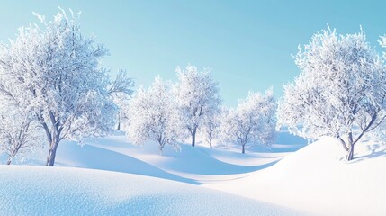 Fototapeta premium A serene winter landscape with snow-covered trees and gentle slopes under a clear blue sky.