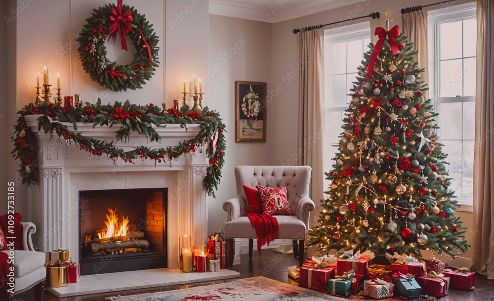 Aufkleber christmas tree is in the living room. a fireplace is in the background. a chair is in front of the f