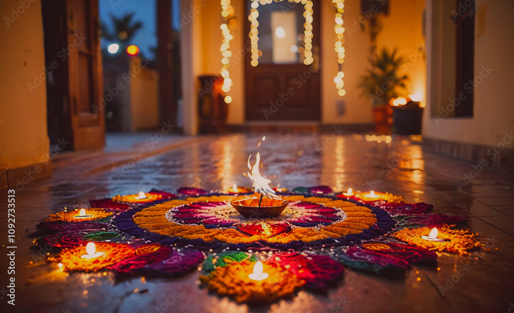 Poster colorful flower patterned floor with a candle in the center. the candle is lit and surrounded by oth