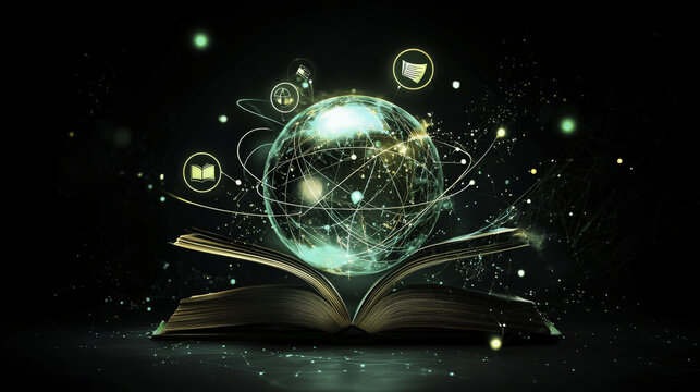 glowing globe above open book symbolizes knowledge and learning